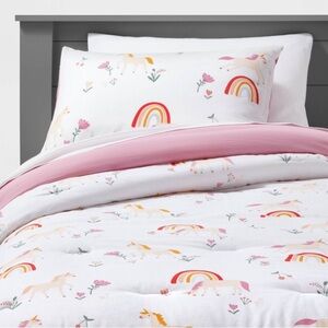 Whimsical Unicorn and Rainbow Comforter Set - Pink and White